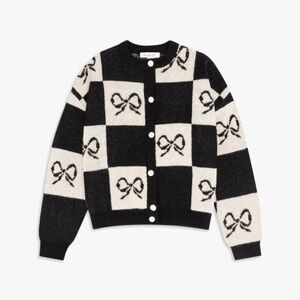 Lisa Says Gah Lauda Cardi Onyx Black Checkered Cardigan Bow Sweater XS/Small